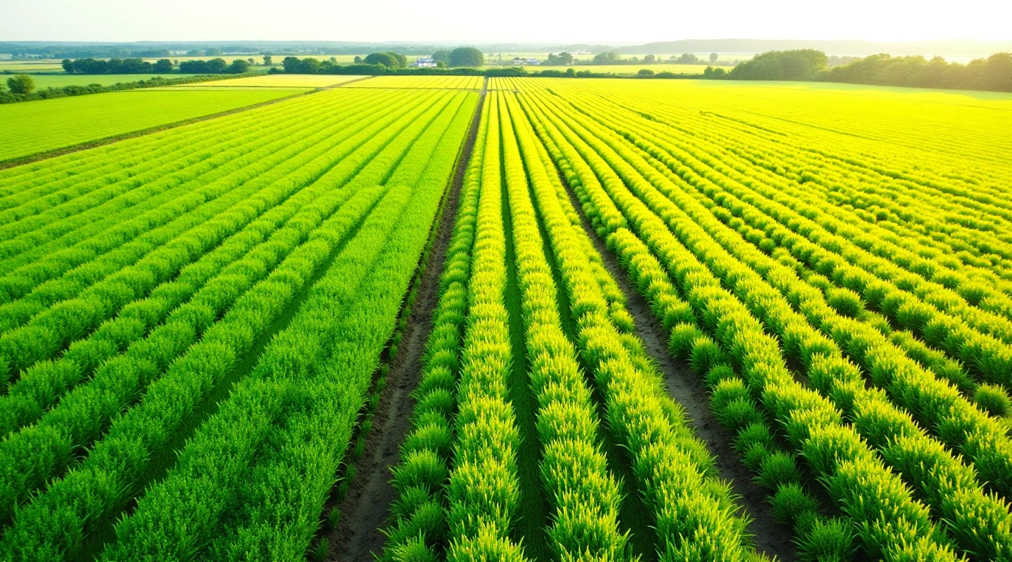 Aerial drone photograph of large agricultural field showing crop rows and field management patterns from above