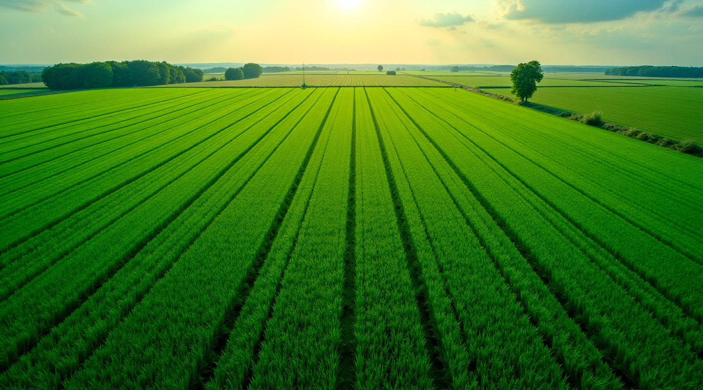 Aerial agricultural field captured by drone showing crop rows and land management