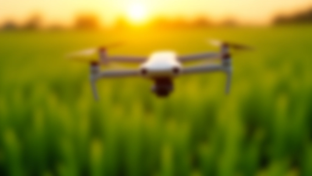Agricultural drone with RGB camera flying over crop field at sunset