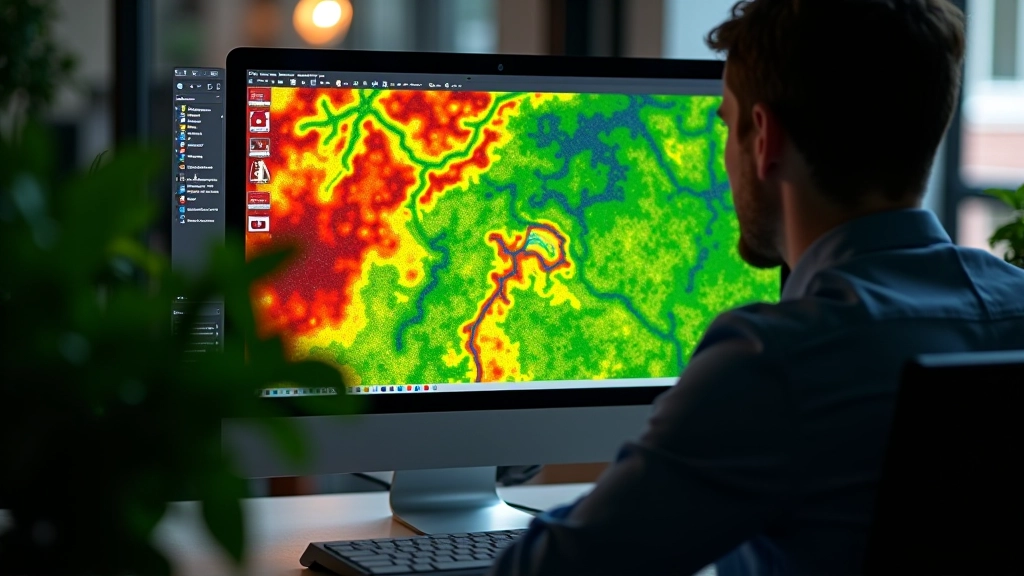 Computer monitor displaying NDVI field map with color gradient from red to green showing crop health variations across agricultural field