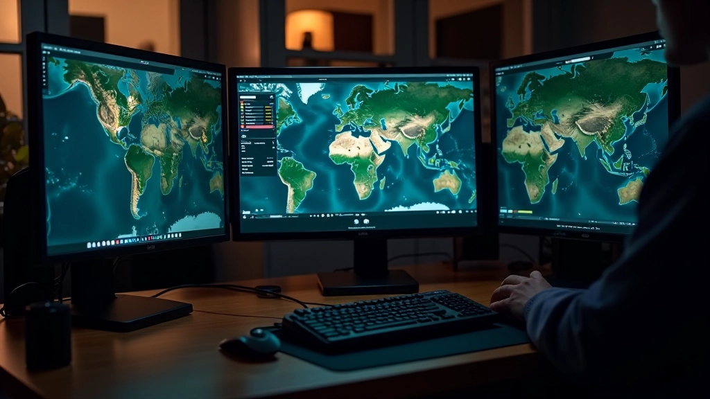 Professional office desk setup with multiple computer monitors displaying satellite and geospatial data visualizations