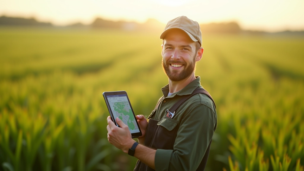 Farmer holding tablet computer in field reviewing multispectral NDVI map data while standing among crop plants at mid-growth stage